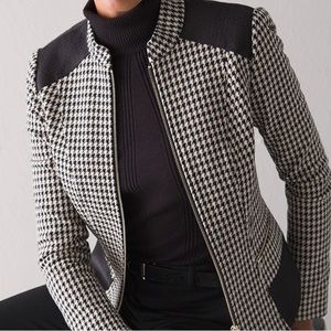 WHBM White House Black Market Zip Front Houndstooth Black White Jacket 2